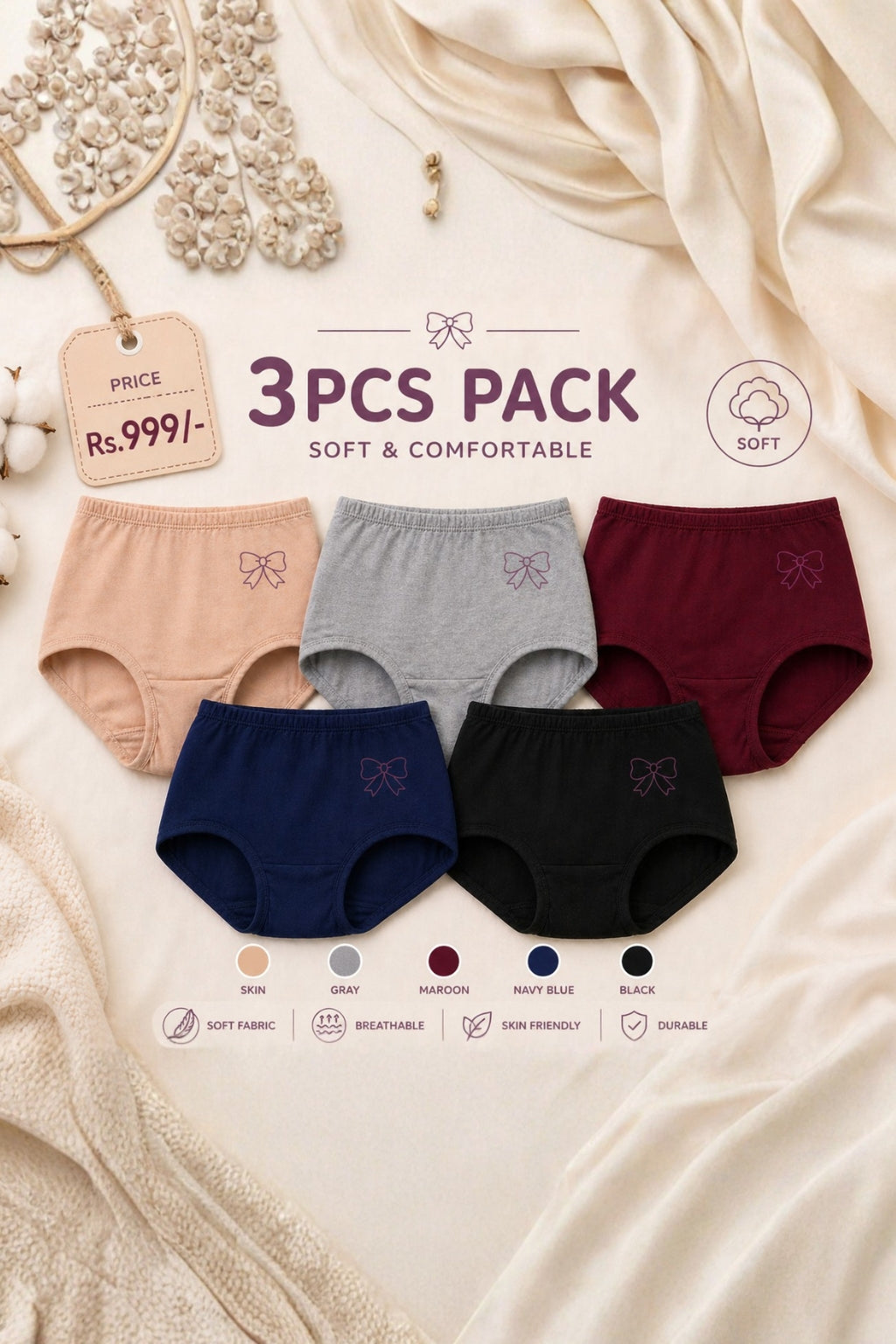 3 Pcs pack COTTON BASIC BRIEFS PANTY FOR WOMEN